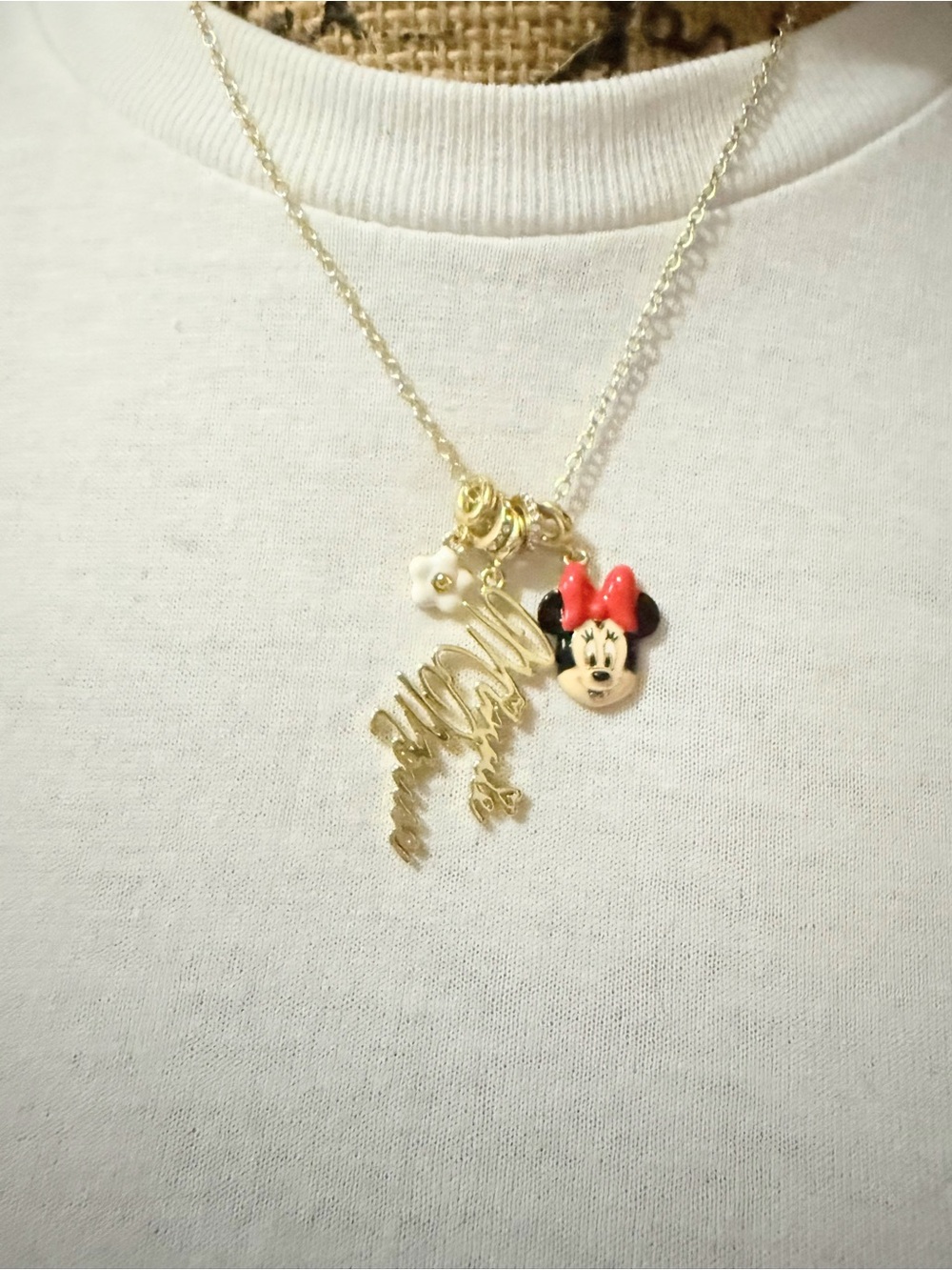 Minnie Mouse Gold Charm Necklace with Red Bow